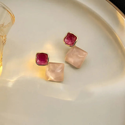 Pink Square Stone Drop Earrings