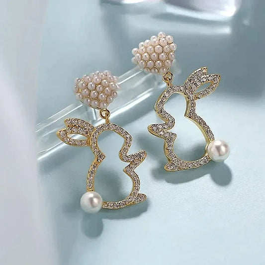 Crystal Bunny Pearl Drop Earrings
