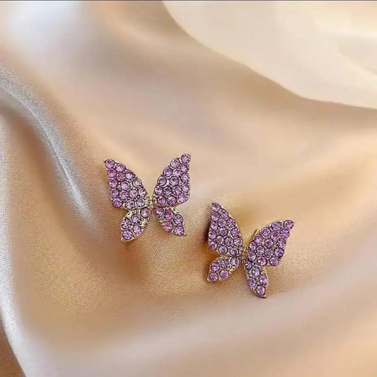 Purple Crystal Butterfly Stud Earrings