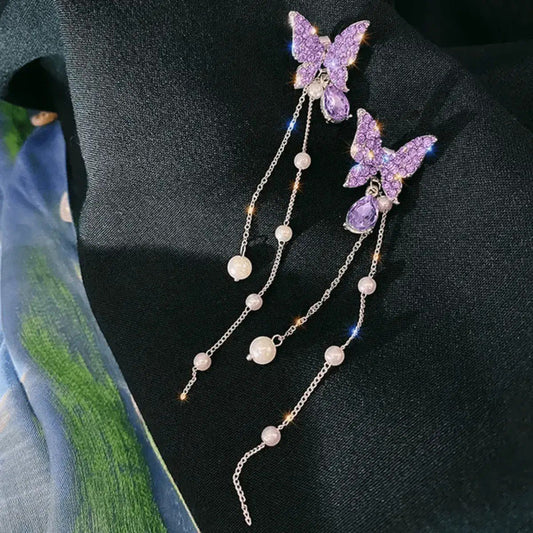 Purple Butterfly Pearl Tassel Earrings