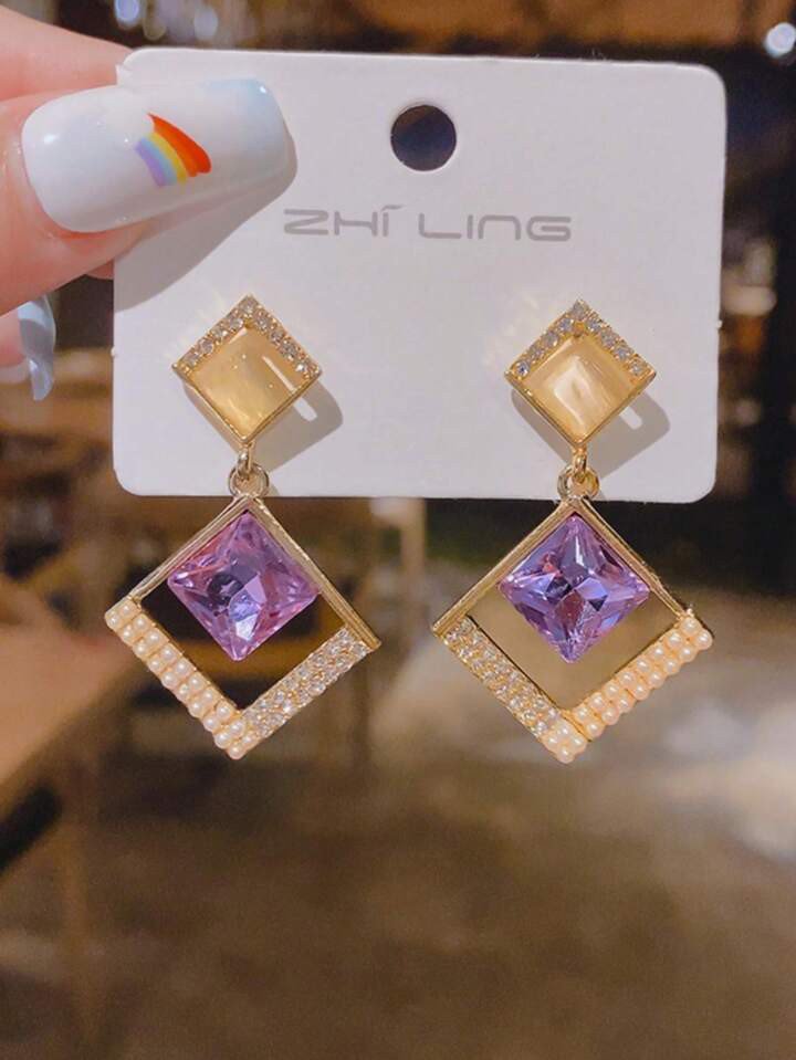 Purple Square Stone Geometric Drop Earrings for women