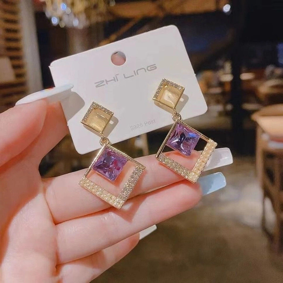 Purple Square Stone Geometric Drop Earrings, view 2