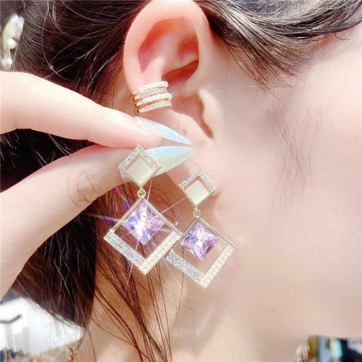 Purple Square Stone Geometric Drop Earrings, view 3