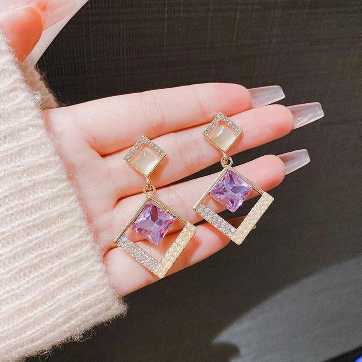 Purple Square Stone Geometric Drop Earrings, view 4