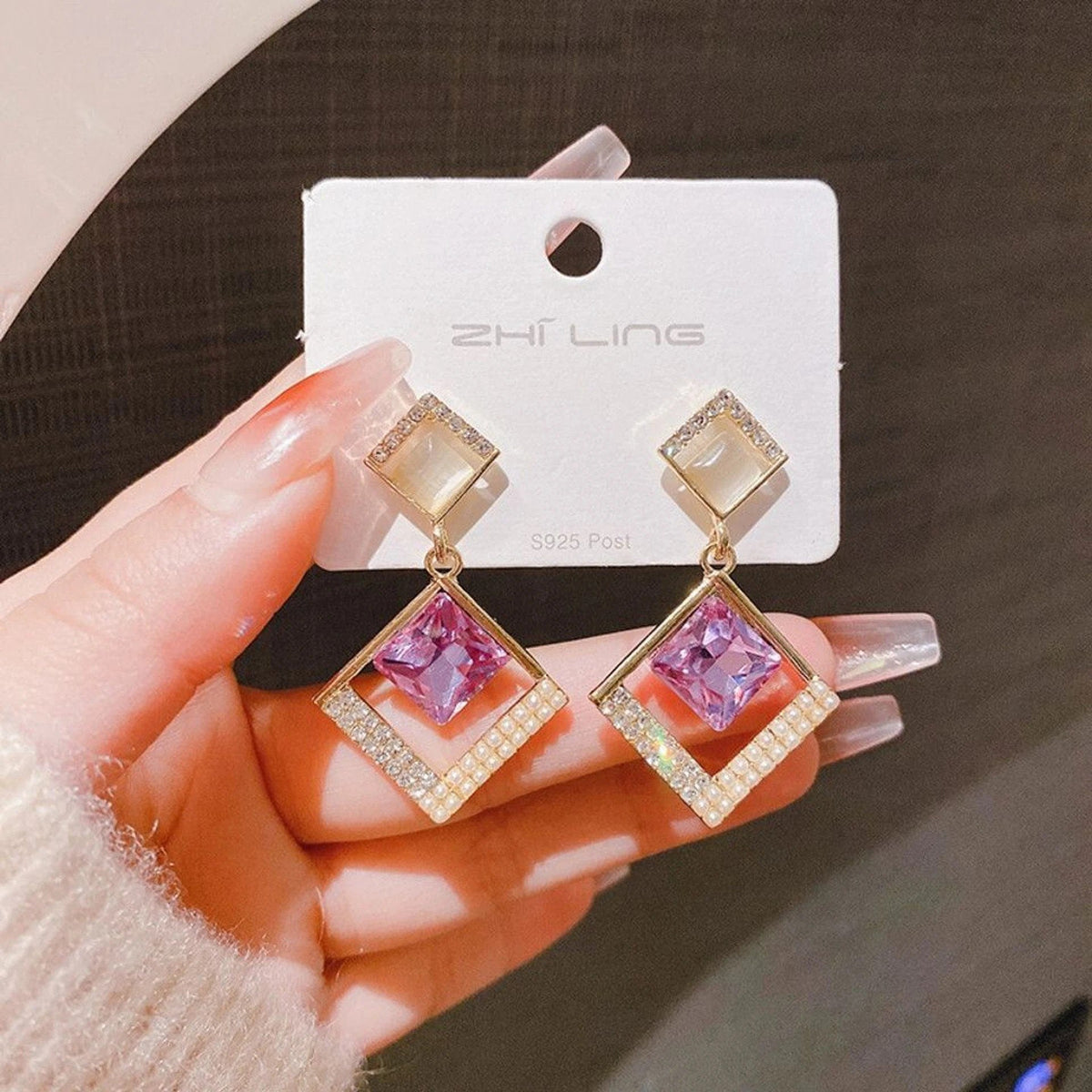 Purple Square Stone Geometric Drop Earrings, view 5