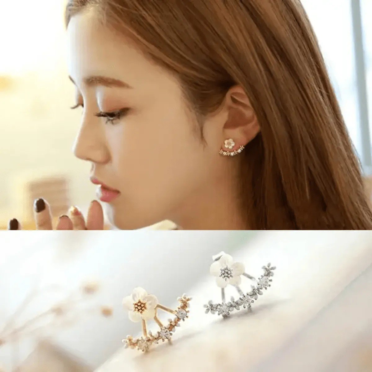 Crystal Flower Arc Ear Jacket Earrings, view 2