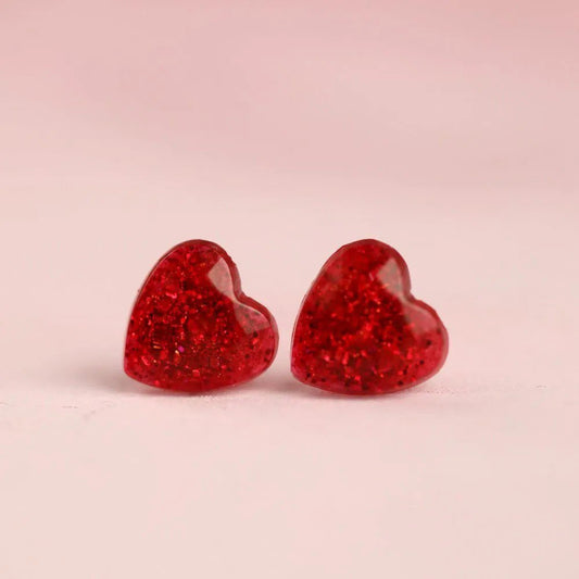 Red Glitter Heart Stud Earrings