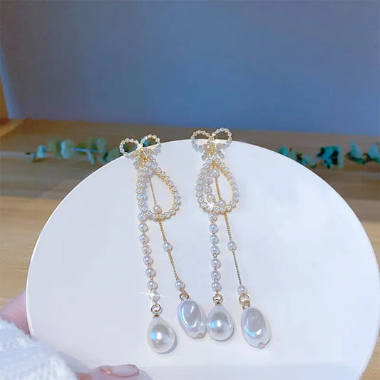 Teardrop Pearl Long Tassel Earrings