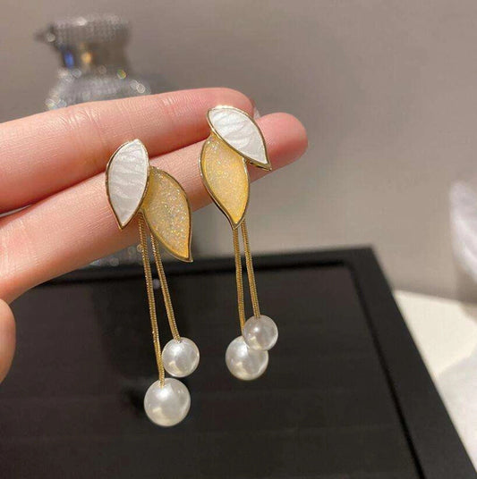 Pearl Leaf Long Tassel Earrings