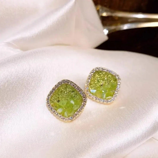 Lime Green Square Stone Stud Earrings