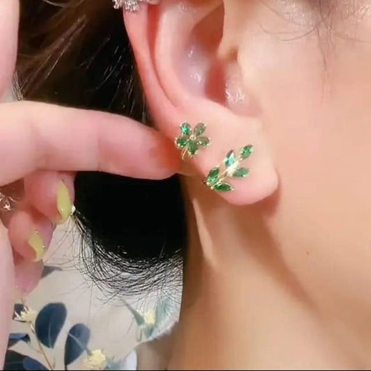 Green Crystal Leaf Stud Earrings