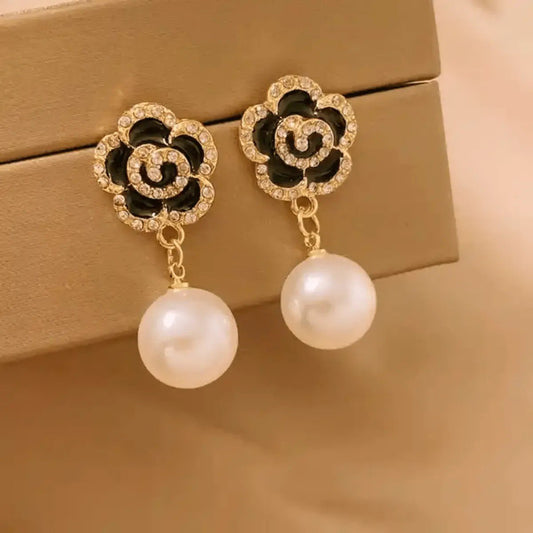 Camellia Flower Pearl Drop Earrings