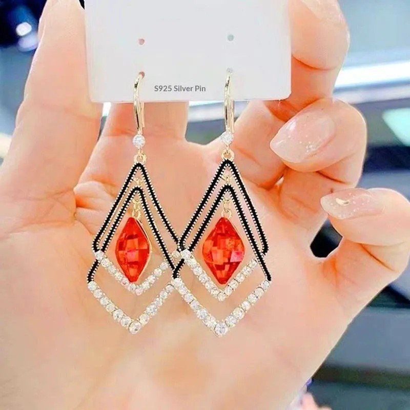 Red Stone Diamond-Shape Hook Earrings for women