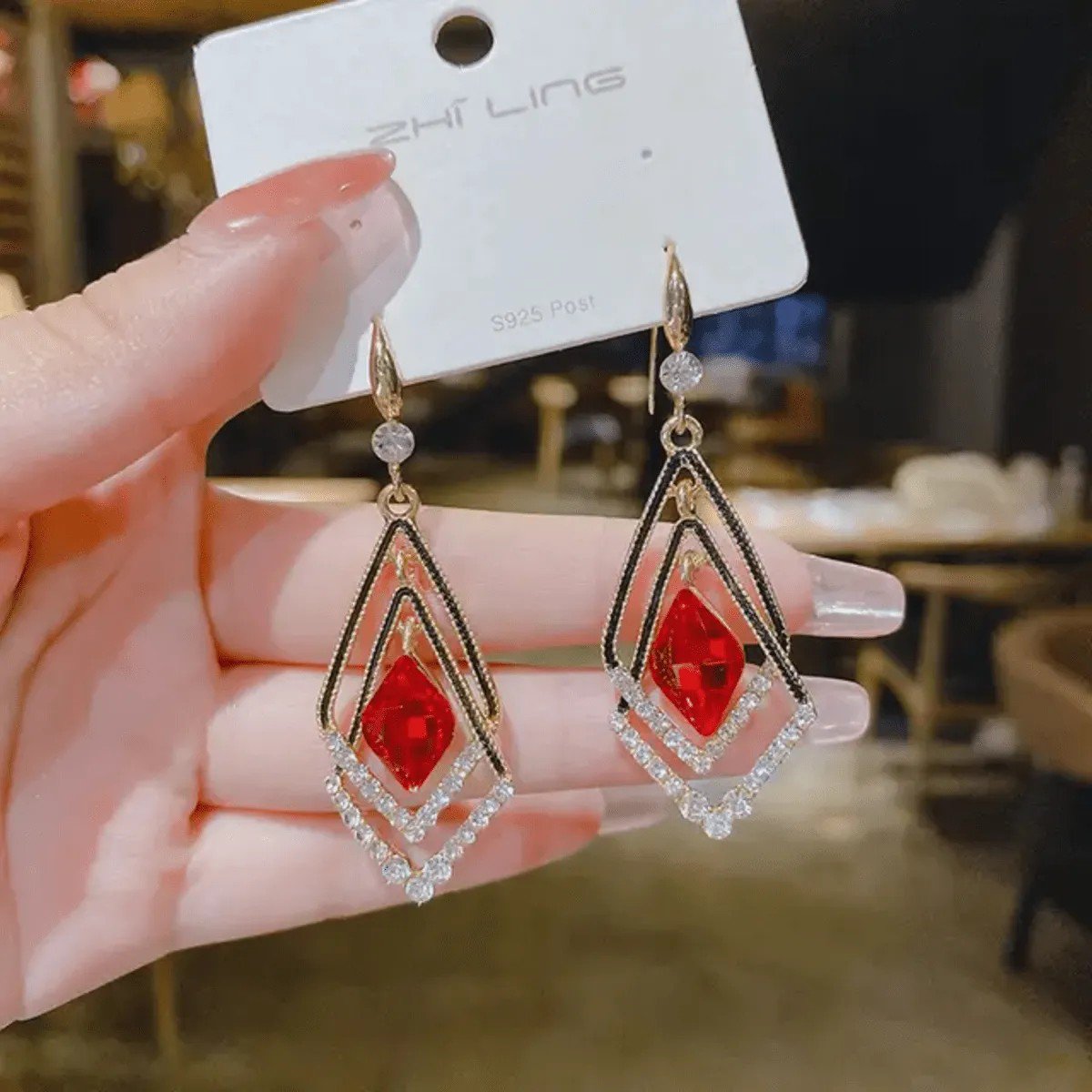 Red Stone Diamond-Shape Hook Earrings, view 2