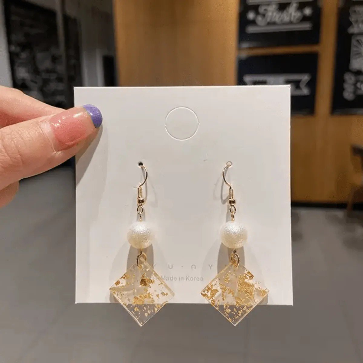 Pearl Gold-Fleck Square Drop Earrings, view 2