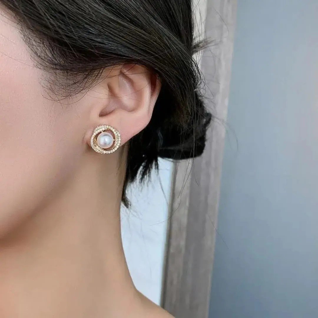 Pearl Crystal Halo Stud Earrings, view 2