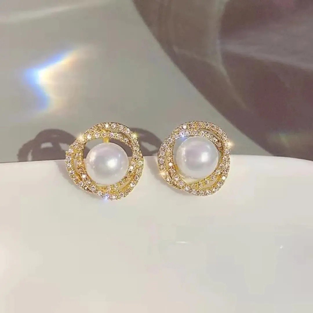 Pearl Crystal Halo Stud Earrings, view 3