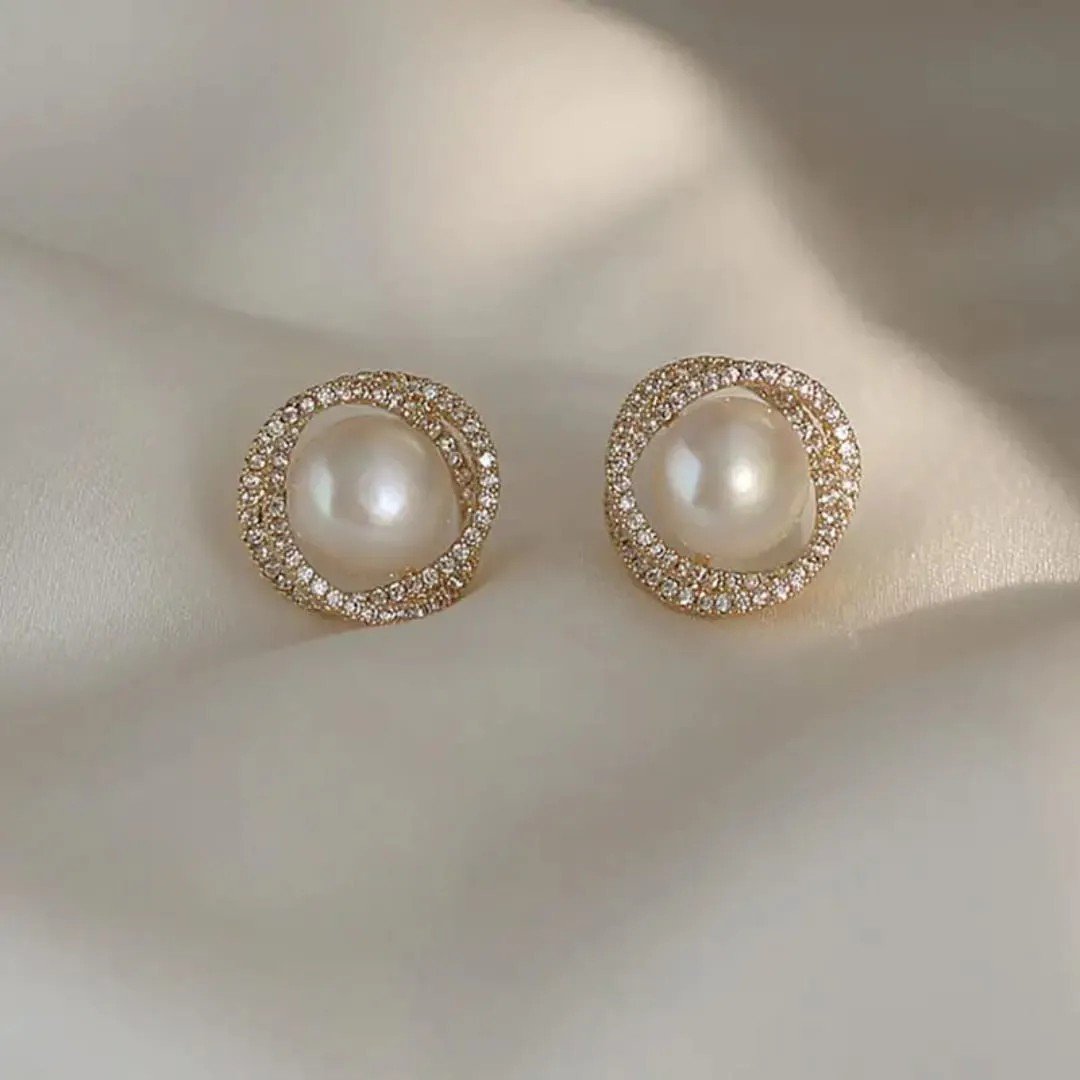 Pearl Crystal Halo Stud Earrings, view 4