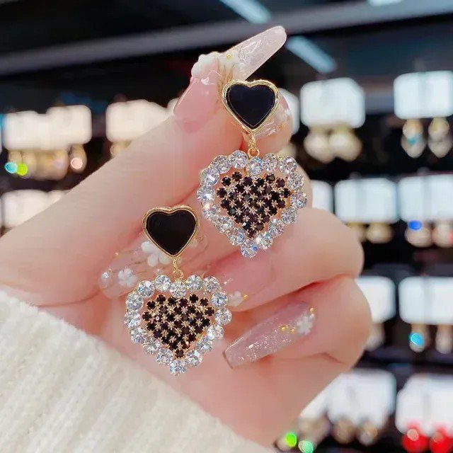 Black Heart Crystal Drop Earrings, view 2