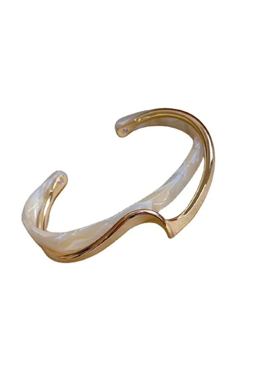 Gold Plated Wave Cuff Bangle with Faux Pearl | Image 2
