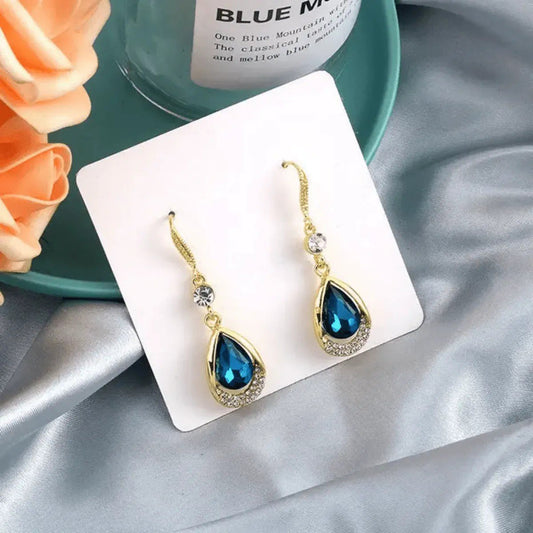 Blue Teardrop Crystal Hook Earrings