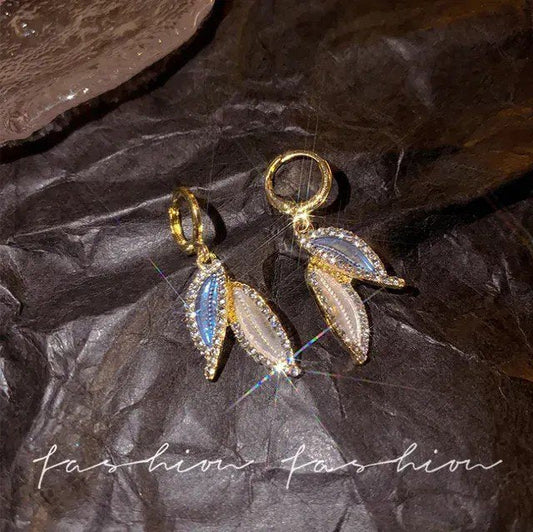 Blue Leaf Huggie Drop Earrings