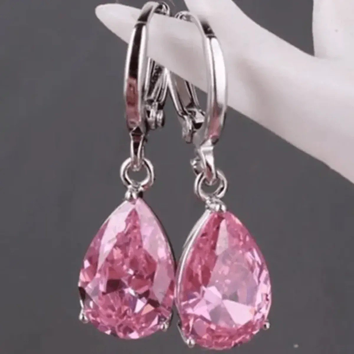 Pink Teardrop Crystal Drop Earrings, view 3
