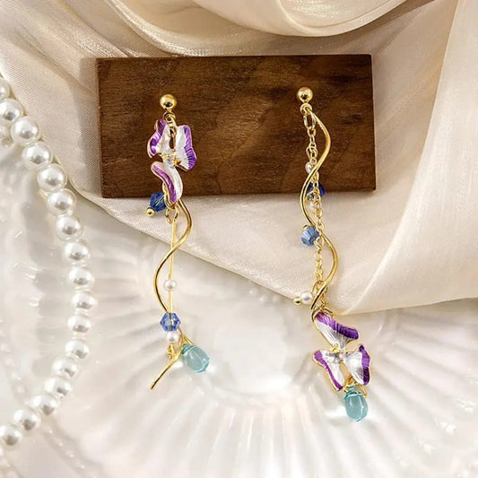 Floral Asymmetric Long Dangle Earrings