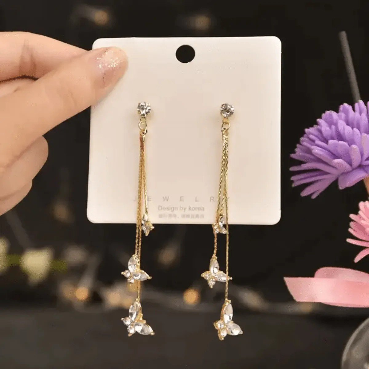 Crystal Butterfly Long Chain Tassel Earrings, view 2