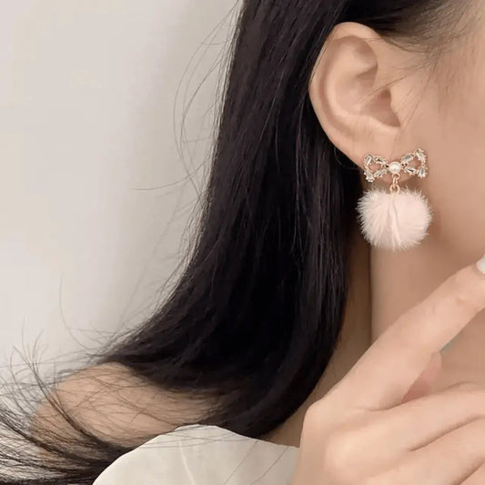 Pink Pom-Pom Bow Stud Earrings