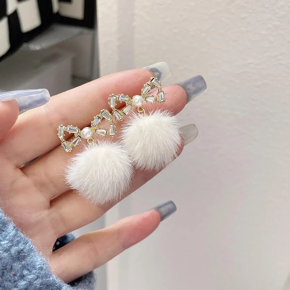 Crystal Bow White Pom-Pom Drop Earrings for women