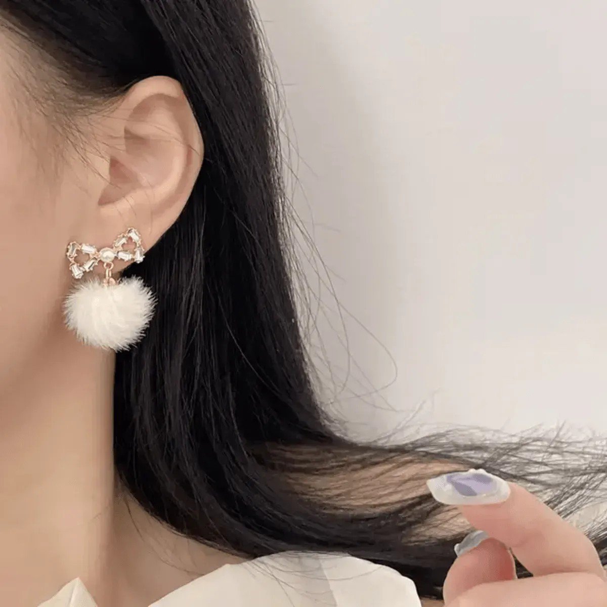 Crystal Bow White Pom-Pom Drop Earrings, view 2