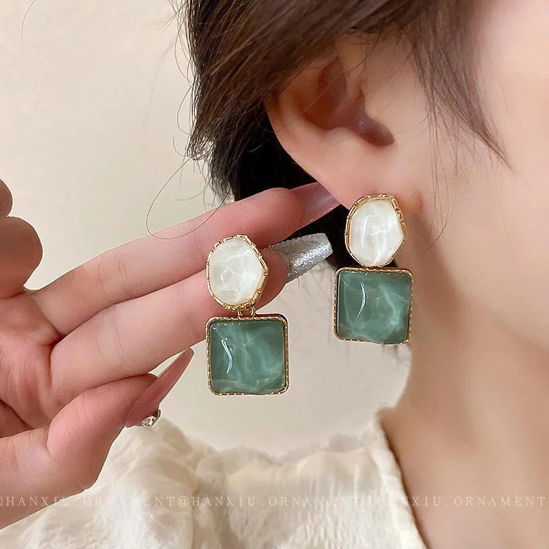 Sea Green Square Stone Drop Earrings, view 2