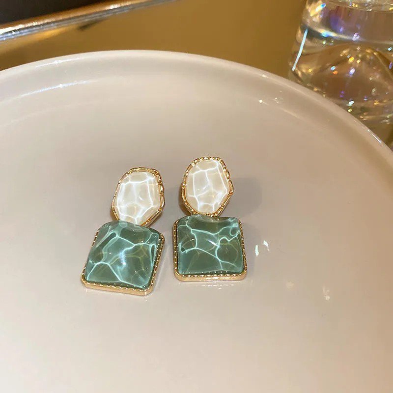 Sea Green Square Stone Drop Earrings, view 3