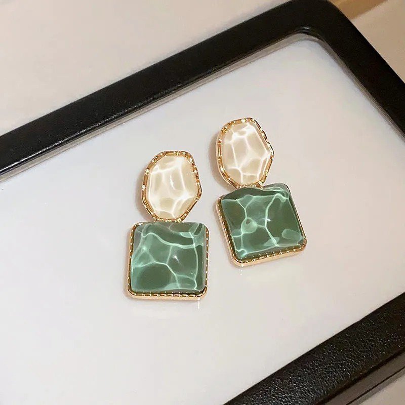 Sea Green Square Stone Drop Earrings, view 4
