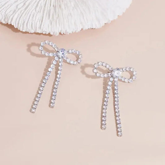 Pearl Ribbon Bow Long Earrings