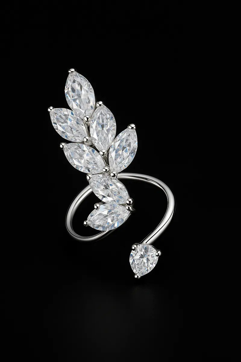 Crystal Leaf Design Silver-Plated Adjustable Ring | PSE-M1018