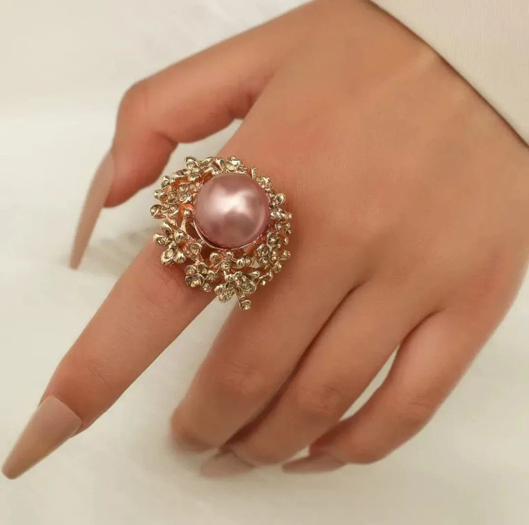 Big Pearl Finger Ring Rose Gold Floral Statement Ring | PSE-M1033