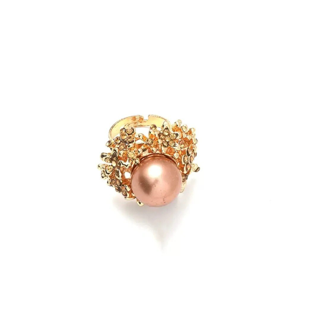 Big Pearl Finger Ring Rose Gold Floral Statement Ring | PSE-M1033