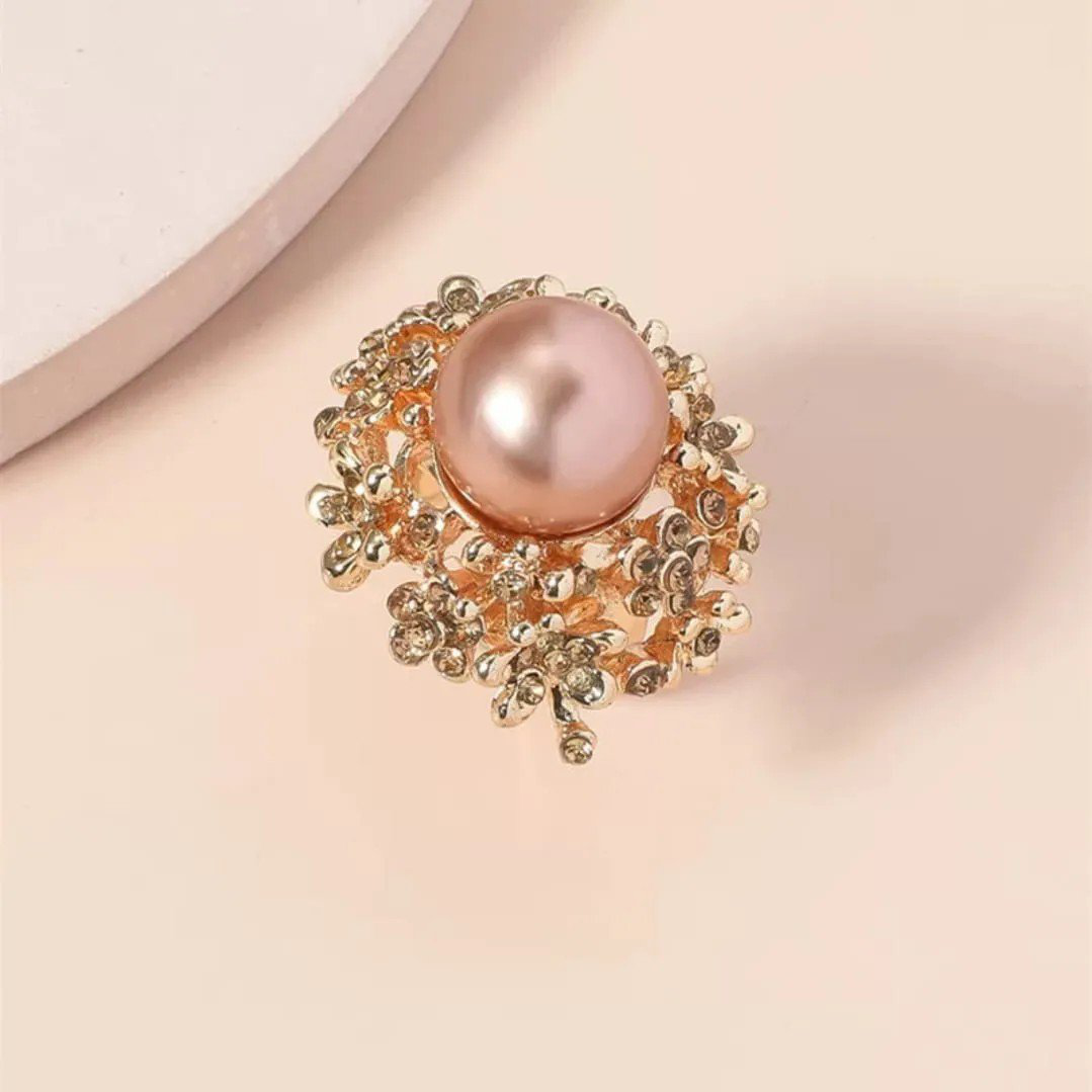 Big Pearl Finger Ring Rose Gold Floral Statement Ring | PSE-M1033