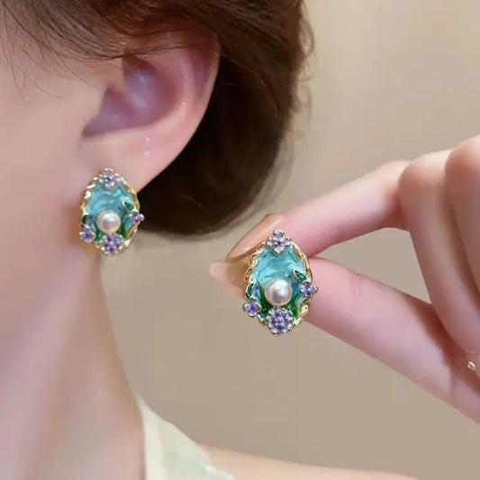 Green Flower Stud Earrings | AUREX Korean-Inspired Earrings PSE-M1080 PSE-M1080_01.jpeg