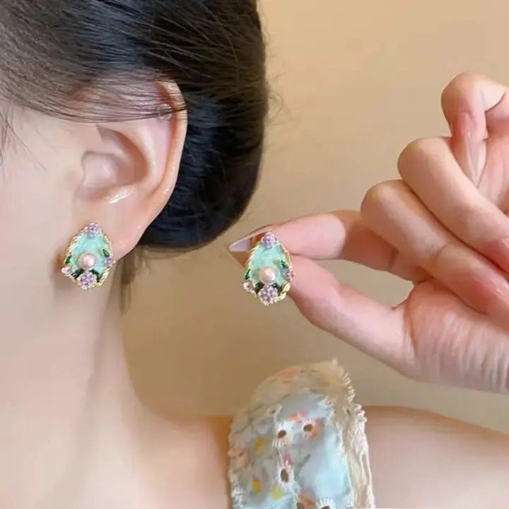 Green Flower Stud Earrings | AUREX Korean-Inspired Earrings PSE-M1080 PSE-M1080_02.jpeg