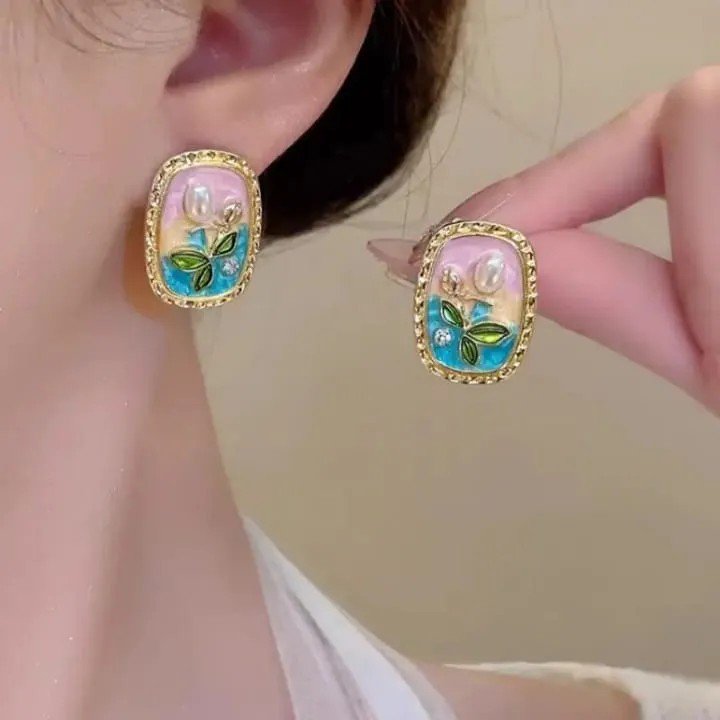 Floral Muse Statement Earrings with Embossed Flowers and Pearls PSE-M1082 PSE-M1082_01.jpeg