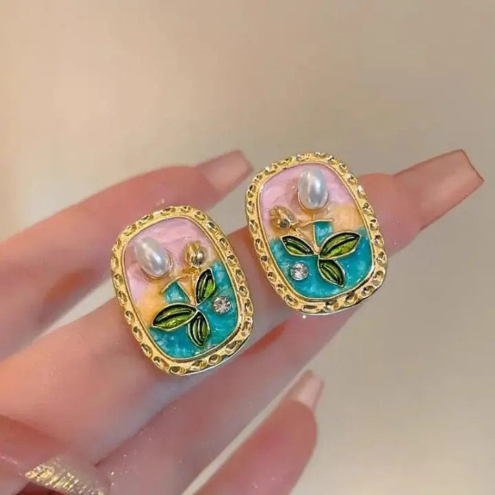 Floral Muse Statement Earrings with Embossed Flowers and Pearls PSE-M1082 PSE-M1082_02.jpeg