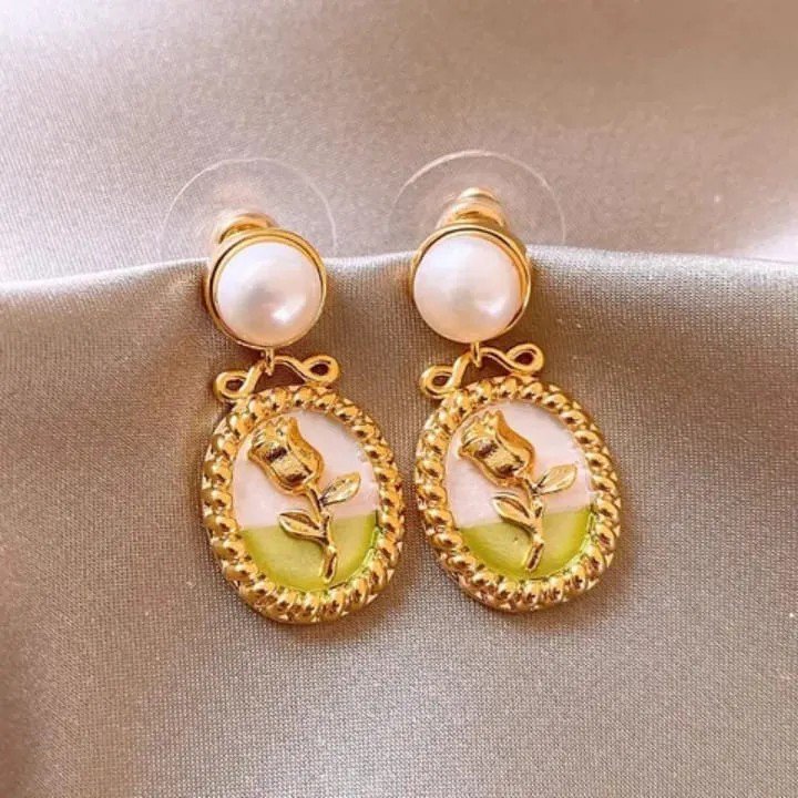 Gold Enamel Flower Dangle Earrings | AUREX Korean-Inspired Earrings PSE-M1085 PSE-M1085_02.jpeg
