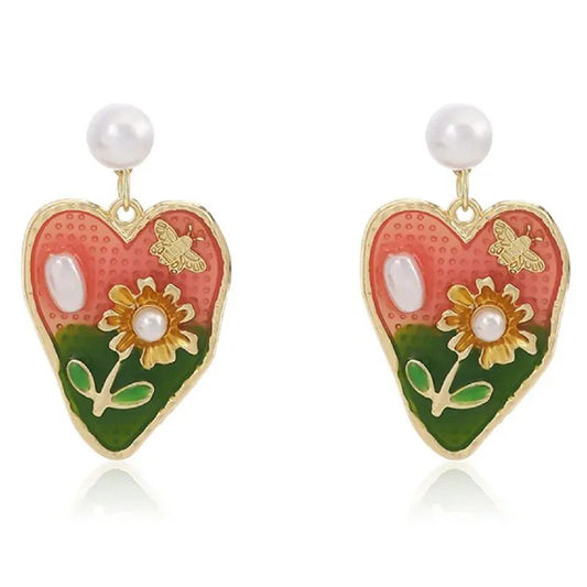 Sweet Heart Shape Flower Enamel Pearl Drop Earrings PSE-M1096 PSE-M1096_01.jpeg