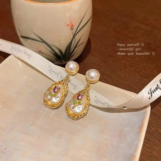 Oil Painting Style Oval Enamel Baroque Pearl Drop Earrings PSE-M1143 PSE-M1143_01.jpeg