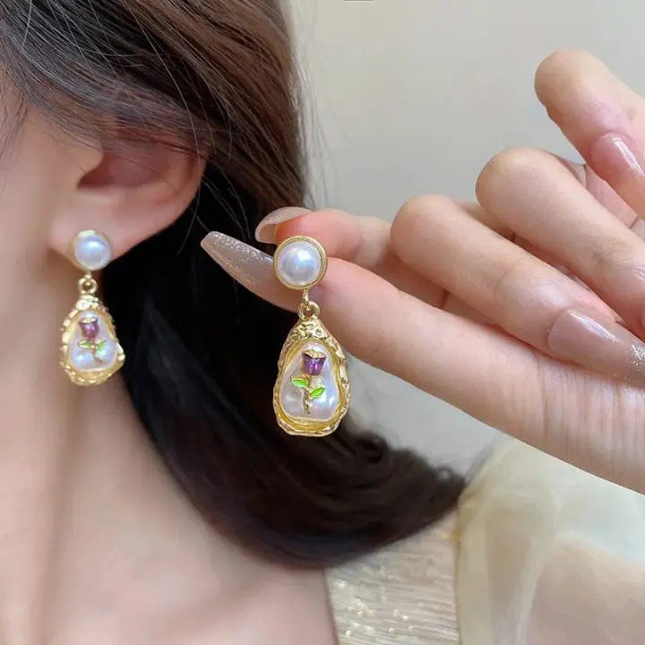 Oil Painting Style Oval Enamel Baroque Pearl Drop Earrings PSE-M1143 PSE-M1143_02.jpeg
