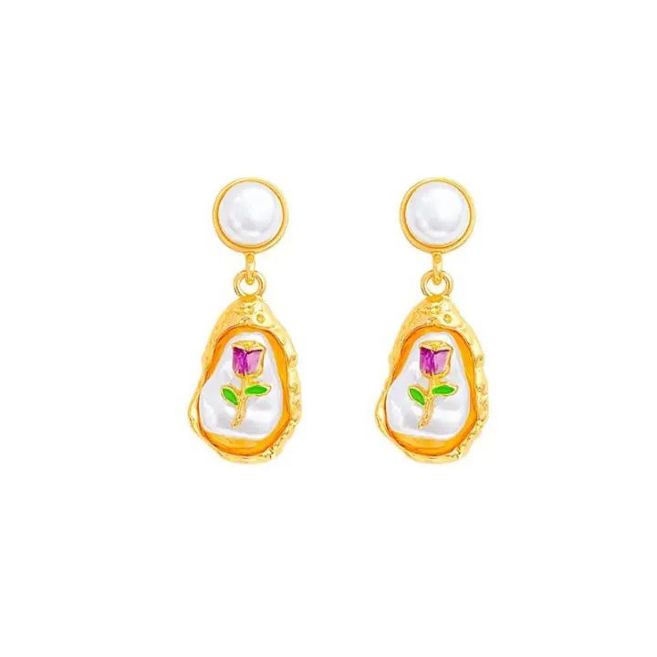 Oil Painting Style Oval Enamel Baroque Pearl Drop Earrings PSE-M1143 PSE-M1143_03.jpeg
