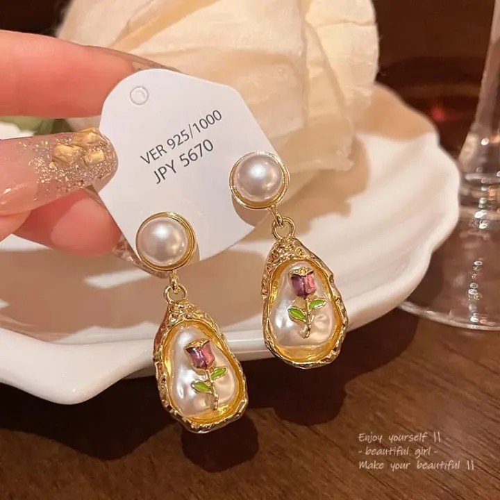Oil Painting Style Oval Enamel Baroque Pearl Drop Earrings PSE-M1143 PSE-M1143_04.jpeg